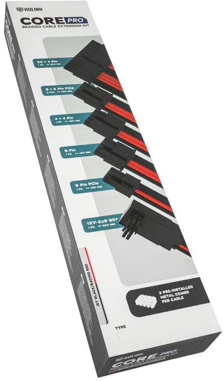 Kolink Core Pro Braided Cable Extension Kit 12V-2×6 Type 1 – Jet Juodas/Racing Raudona