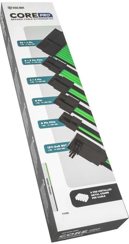 Kolink Core Pro Braided Cable Extension Kit 12V-2×6 Type 2 – Venom Žalias