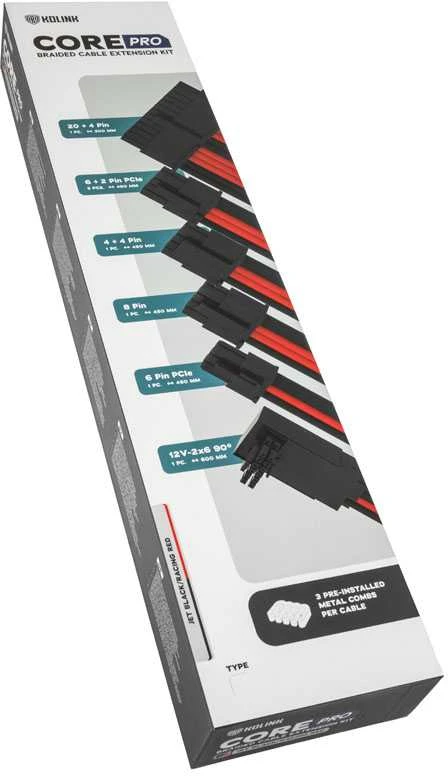 Kolink Core Pro Braided Cable Extension Kit 12V-2×6 Type 1 – Jet Juodas/Racing Raudona