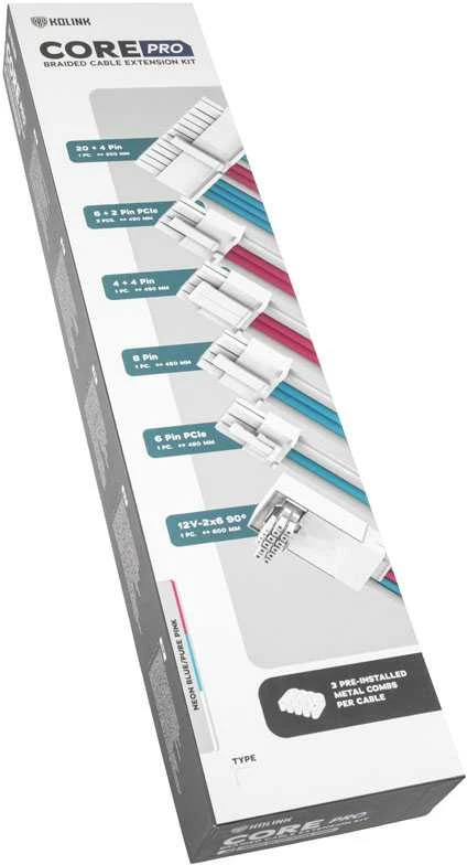 Kolink Core Pro Braided Cable Extension Kit 12V-2×6 Type 1 – Brilliant Baltas/Neon Mėlyna/Pure Rožinė