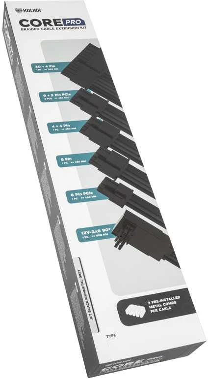 Kolink Core Pro Braided Cable Extension Kit 12V-2×6 Type 2 – Jet Juodas/Gunmetal Pilkas
