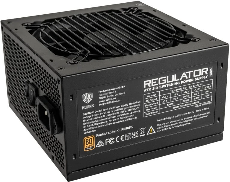„Kolink Regulator 80 PLUS Gold“ maitinimo blokas, ATX 3.0, PCIe 5.0, modulinis – 850 vatų