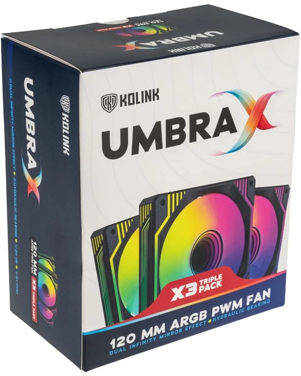 Kolink Umbra X 120mm ARGB High Performance PWM korpuso ventiliatorius Triple Pack – juodos spalvos