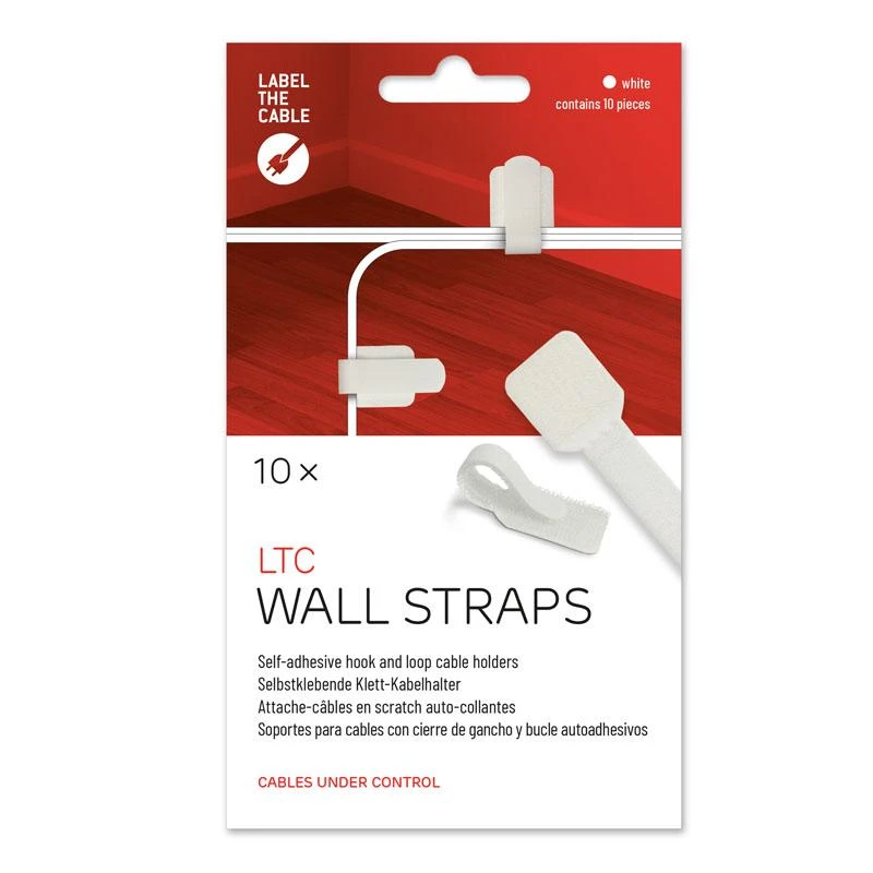„LABEL THE CABLE“ sieninis „Velcro“ kabelio laikiklis, 10 dalių rinkinys – baltos spalvos