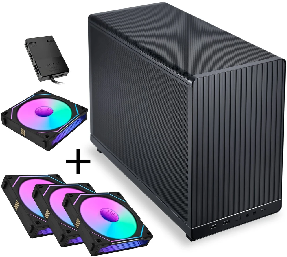 Lian Li DAN Cases A3-mATX - juodas + 3x UNI FAN SL-INF 120 ARGB reverse blade fans + 1x standard PWM fan - 120mm