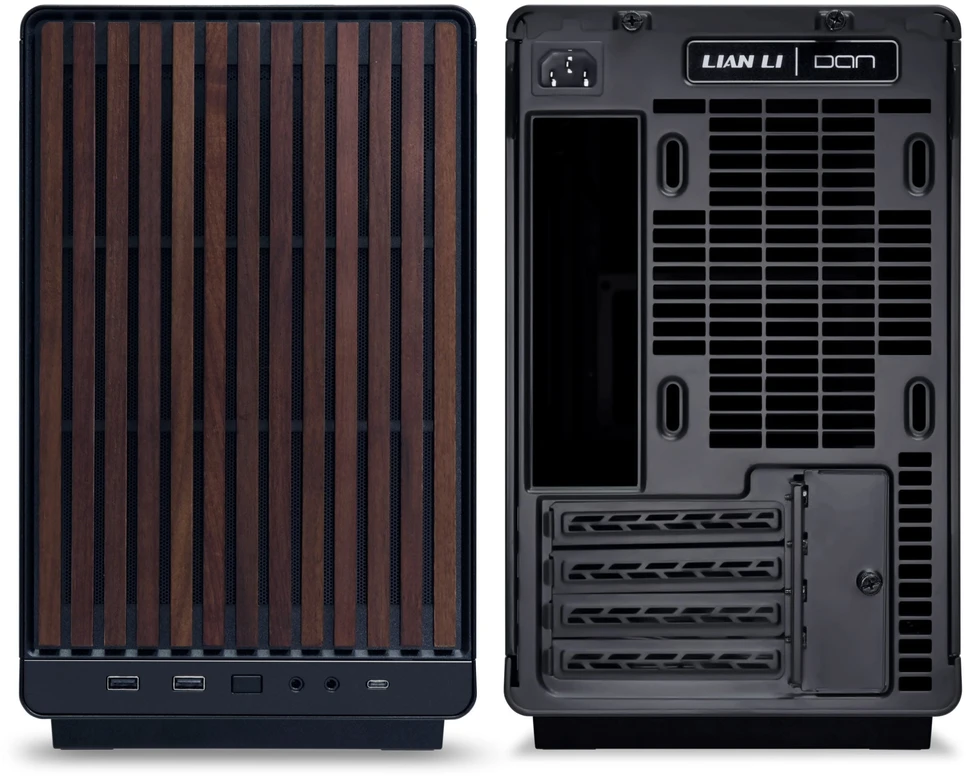 Lian Li DAN Cases A3-mATX - Walnut, juodas + 3x UNI FAN SL-INF 120 ARGB Reverse Blade Fans + 1x Standard PWM Fan - 120mm