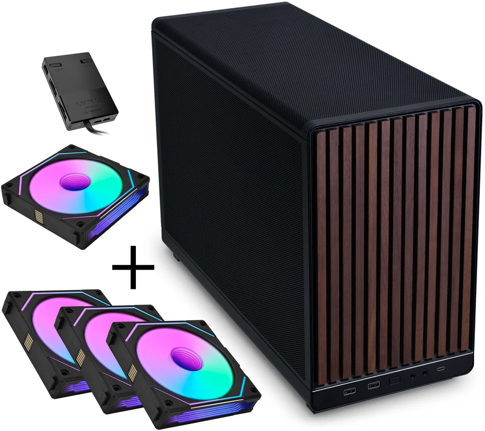Lian Li DAN Cases A3-mATX - Walnut, juodas + 3x UNI FAN SL-INF 120 ARGB Reverse Blade Fans + 1x Standard PWM Fan - 120mm