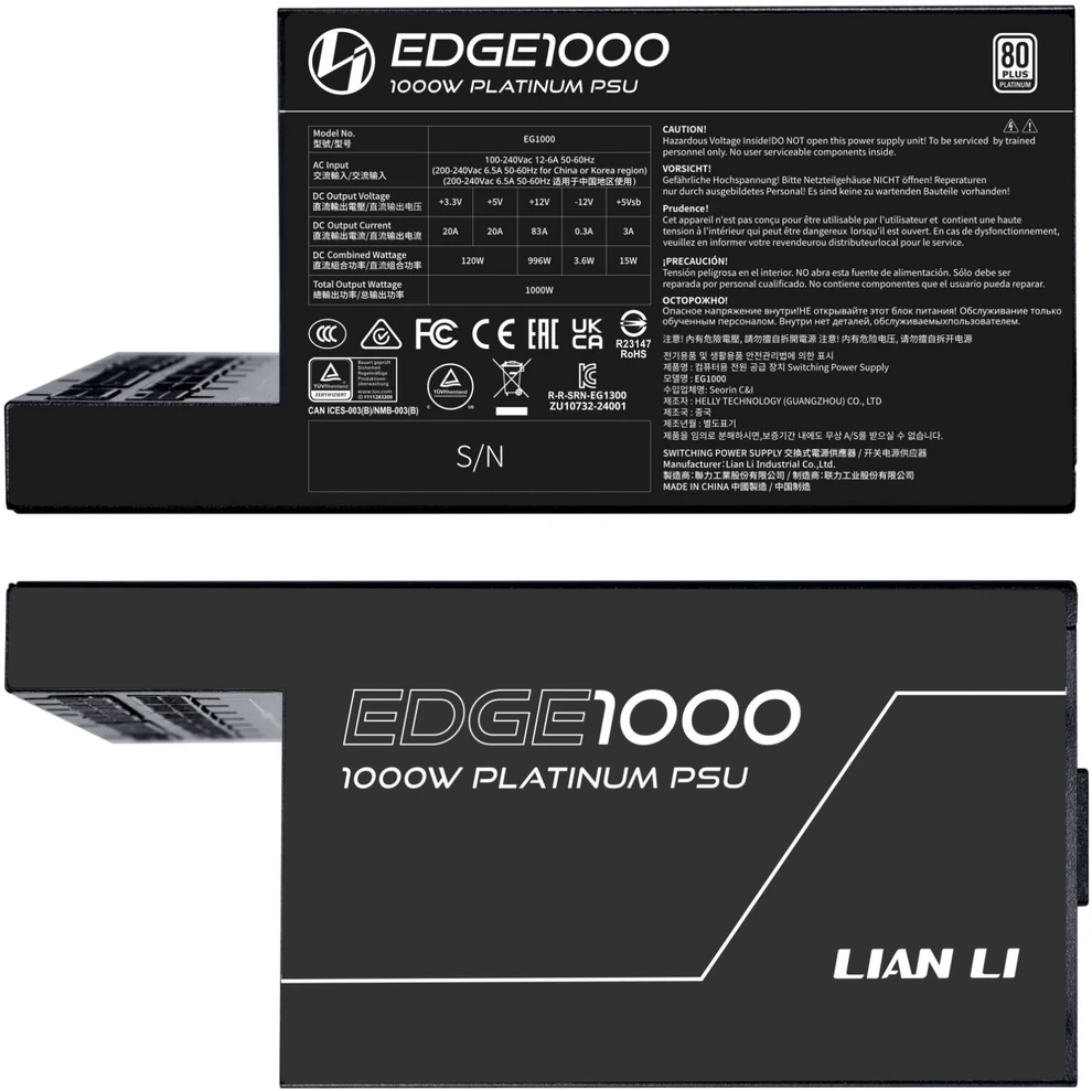 Lian Li EDGE EG1000 80 PLUS Platinum PSU, PCIe 5.1, ATX 3.1 – 1000 Watt, juodos spalvos