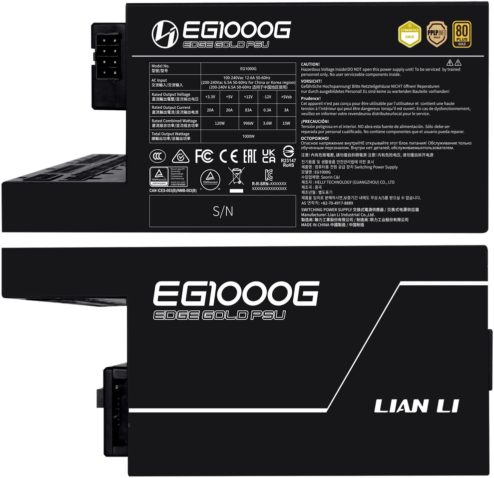 Lian Li EDGE GOLD 1000 80 PLUS Gold maitinimo šaltinis, PCIe 5.1, ATX 3.1 × 1000 vatų, juodas, įskaitant USB šakotuvą