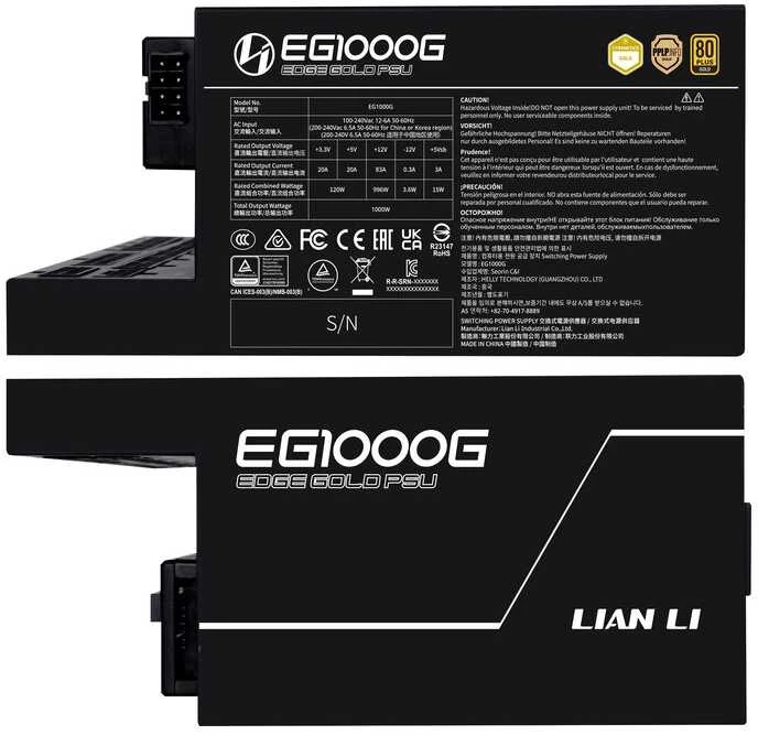 Lian Li EDGE GOLD 1000 80 PLUS Gold maitinimo šaltinis, PCIe 5.1, ATX 3.1 × 1000 vatų, juodas, įskaitant USB šakotuvą