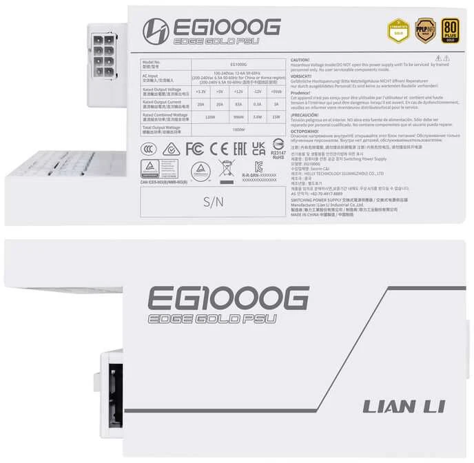 Lian Li EDGE GOLD 1000 80 PLUS Gold įkroviklis, PCIe 5.1, ATX 3.1 - 1.000 Watt, baltas, inkl. USB-Hub