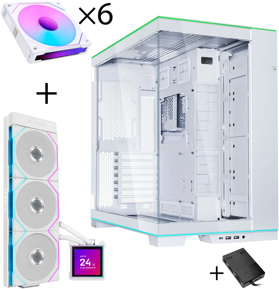 Lian Li O11 Dynamic EVO RGB PC Case Bundle + HydroShift II LCD-S 360TL AiO + 6x UNI FAN SL-INF 120 Reverse Blade Fans - Baltas
