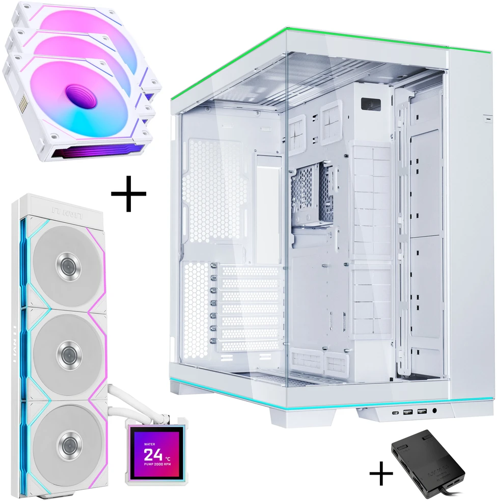 Lian Li O11 Dynamic EVO RGB PC Case Bundle HydroShift II LCD-S 360TL AiO + 3x UNI FAN SL-INF 120 Reverse Blade Fans - Baltas