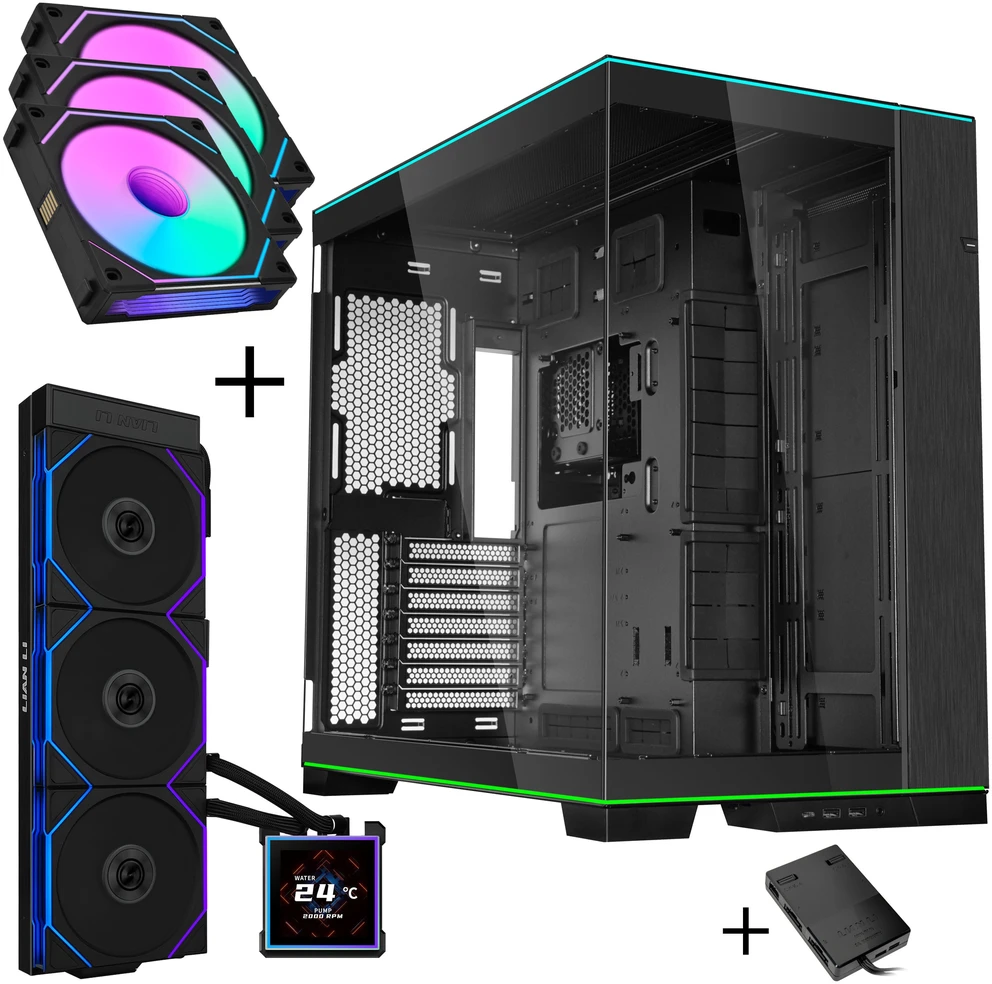 Lian Li O11 Dynamic EVO RGB PC Case Bundle + HydroShift II LCD-S 360TL AiO + 3x UNI FAN SL-INF 120 Reverse Blade Fans - Juodas