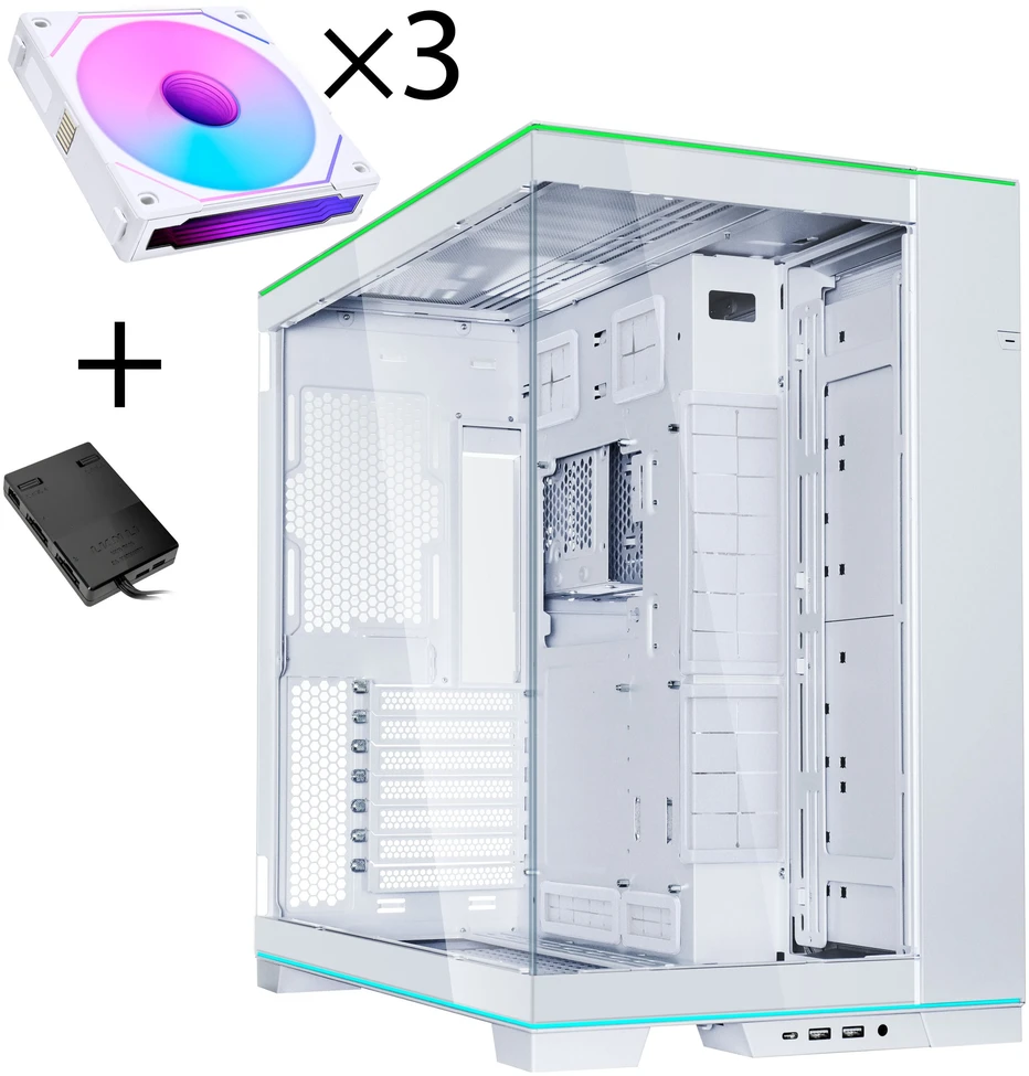 Lian Li O11 Dynamic EVO RGB PC Case Bundle, Mid Tower, ARGB, Tempered Glass + 3x UNI FAN SL-INF Reverse Blade Fans - Baltas