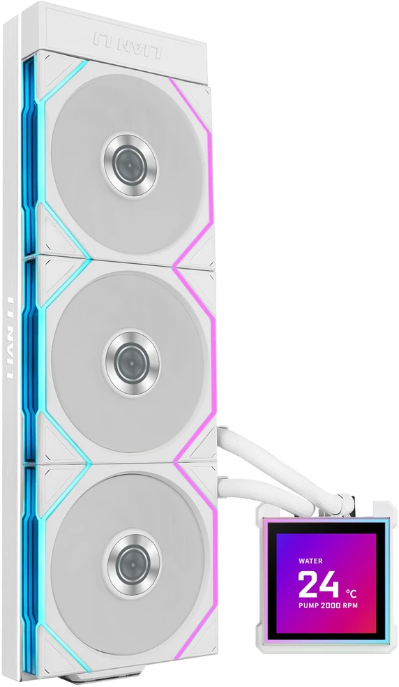 Lian Li O11 Dynamic EVO RGB PC Case Bundle HydroShift II LCD-S 360TL AiO + 3x UNI FAN SL-INF 120 Reverse Blade Fans - Baltas