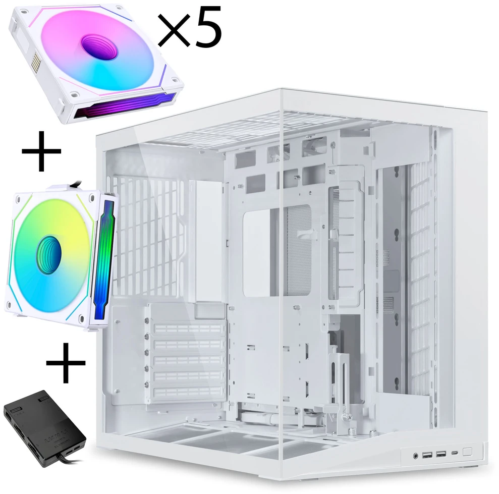 Lian Li O11 Dynamic Mini V2 - Baltas - 5x UNI FAN SL-INF 120 ARGB Reverse Blade PWM Fans - 120mm + 1x Standard PWM Fan - 120mm