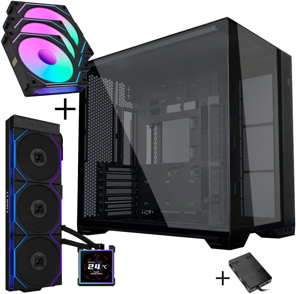 Lian Li O11 Vision Compact PC Case Bundle + HydroShift II LCD-S 360TL AiO + 3x UNI FAN SL-INF 120 Reverse Blade Fans - juodas