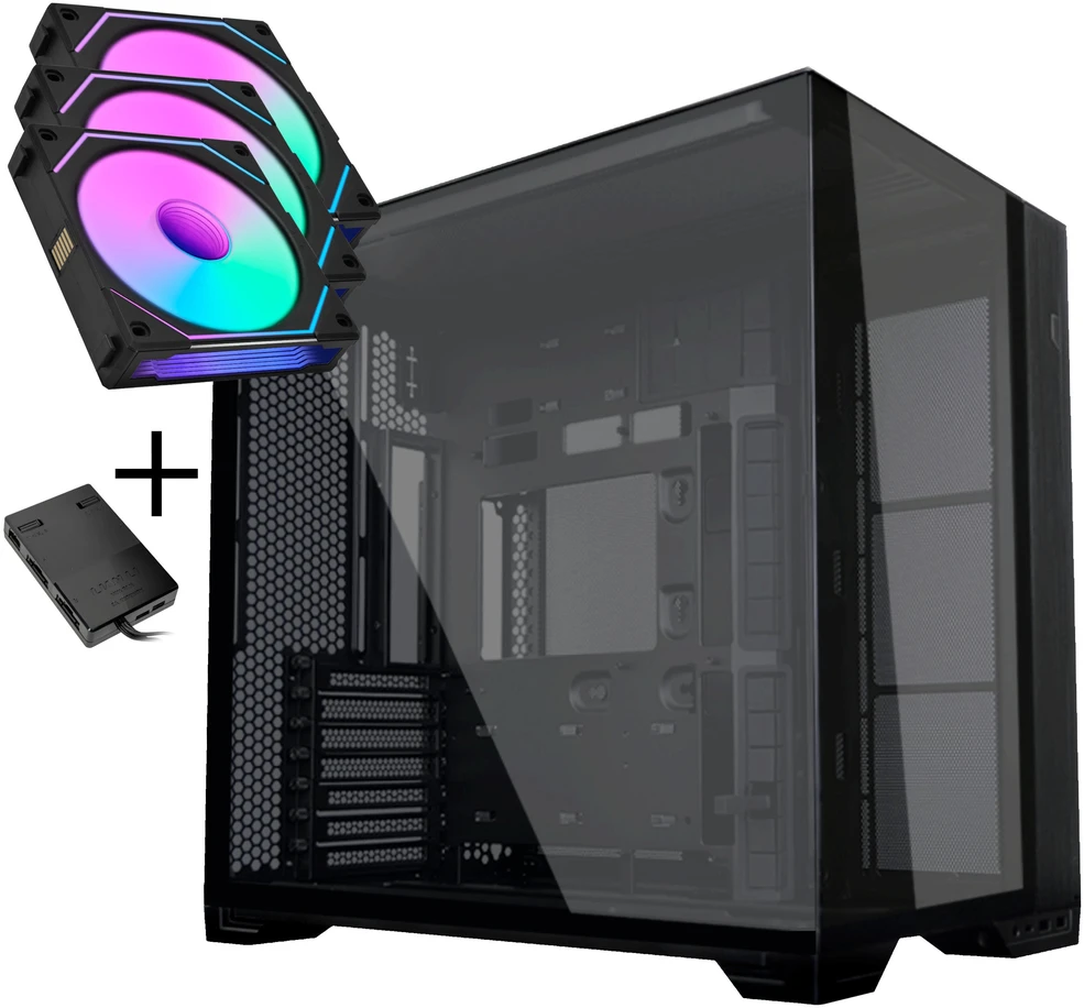 Lian Li O11 Vision Compact PC Case Bundle + 3x UNI FAN SL-INF 120 Reverse Blade Fans - Juodas