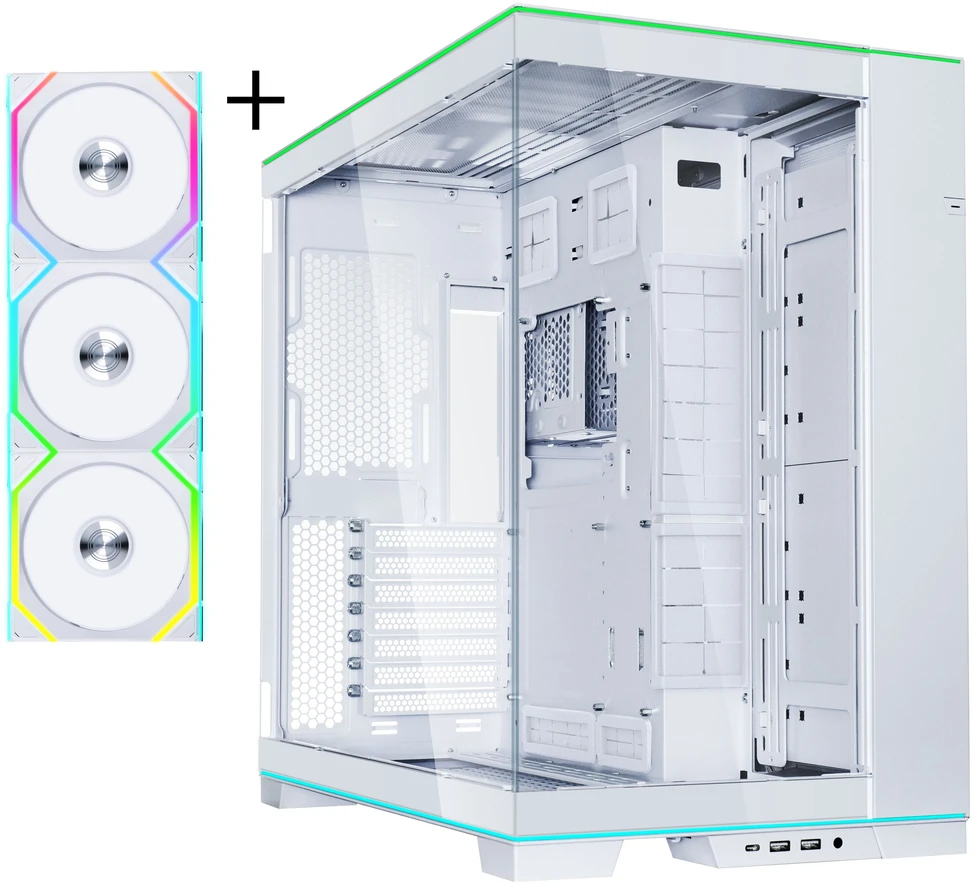 Lian Li O11D EVO RGB, Tempered Glass - baltas + UNI FAN SL Wireless ARGB PWM Fans, 3-pack including controller - 120mm