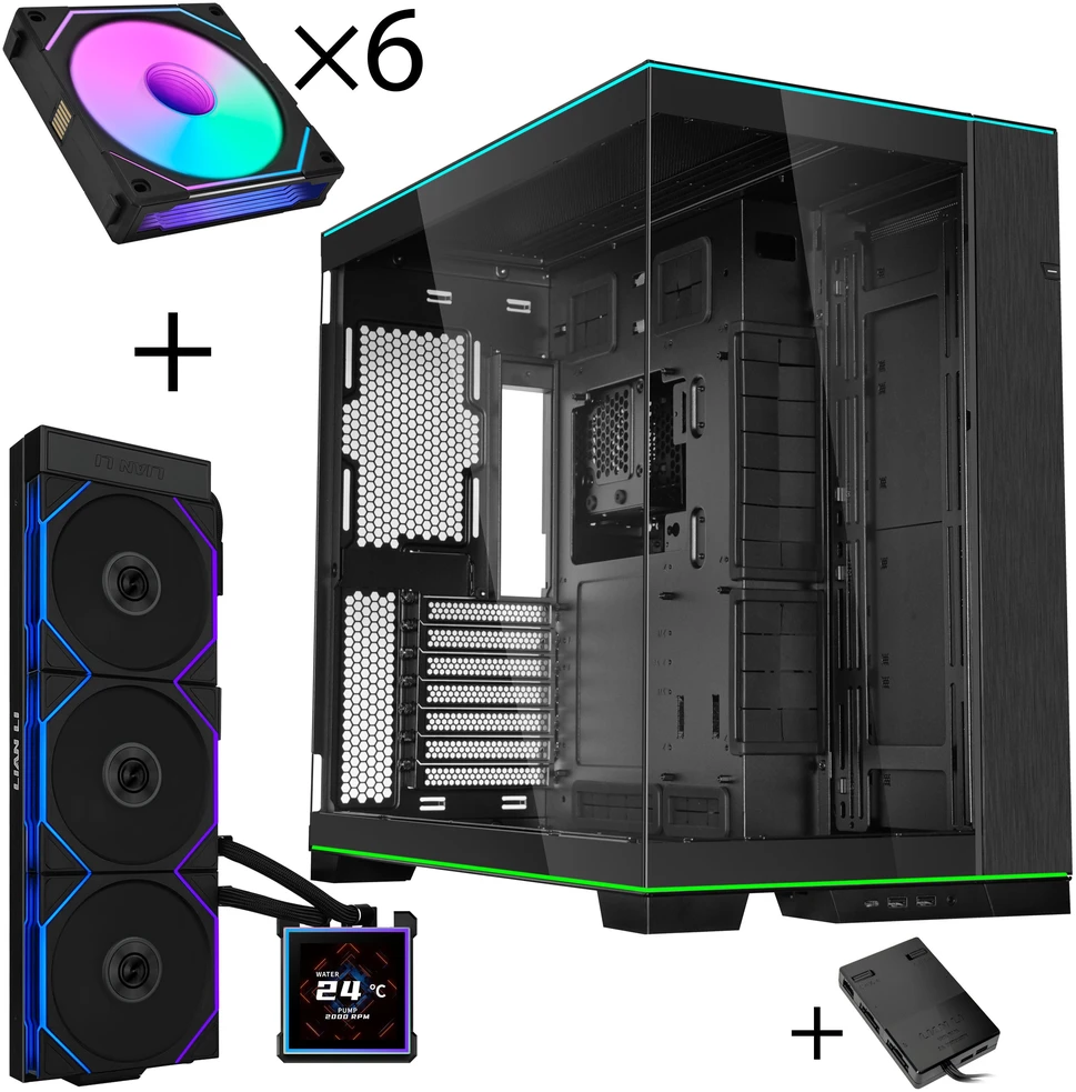 Lian Li O11D EVO RGB kompiuterio korpuso rinkinys + HydroShift II LCD-S 360TL AiO + 6x UNI FAN SL-INF 120 atvirkštinių menčių ventiliatoriai + UNI HUB SL-INF - juodas