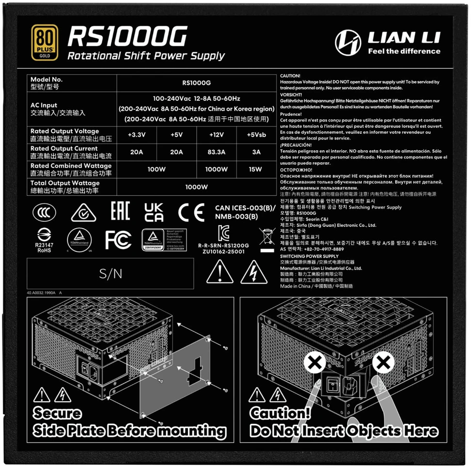 Lian Li RS serijos 80 PLUS Gold maitinimo šaltinis, ATX 3.1, modulinis · 1000 vatų, su RS šakotuvu, juodas