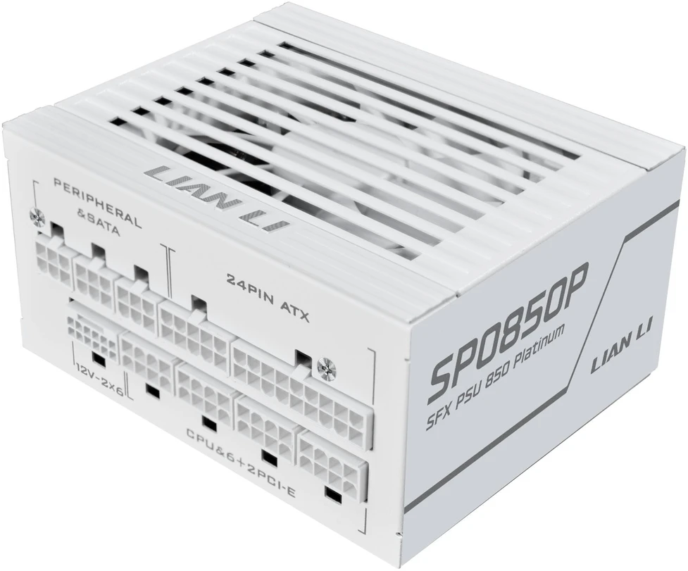 Lian Li SP serijos Platinum 80 PLUS Platinum maitinimo šaltinis, SFX, pilnai modulinis, PCIe 5.1, ATX 3.1 & 850 vatų, baltas