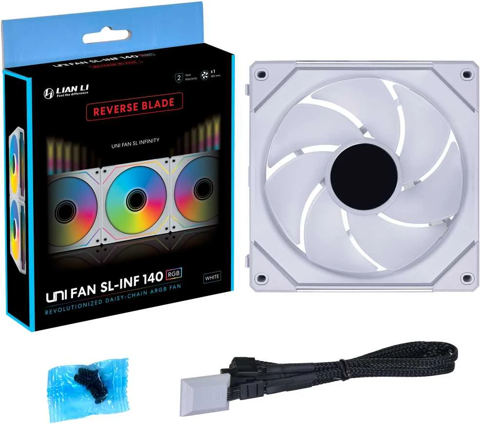 „Lian Li UNI FAN SL-INF 140 ARGB“ atvirkštinių menčių PWM ventiliatorius - 140 mm, baltas