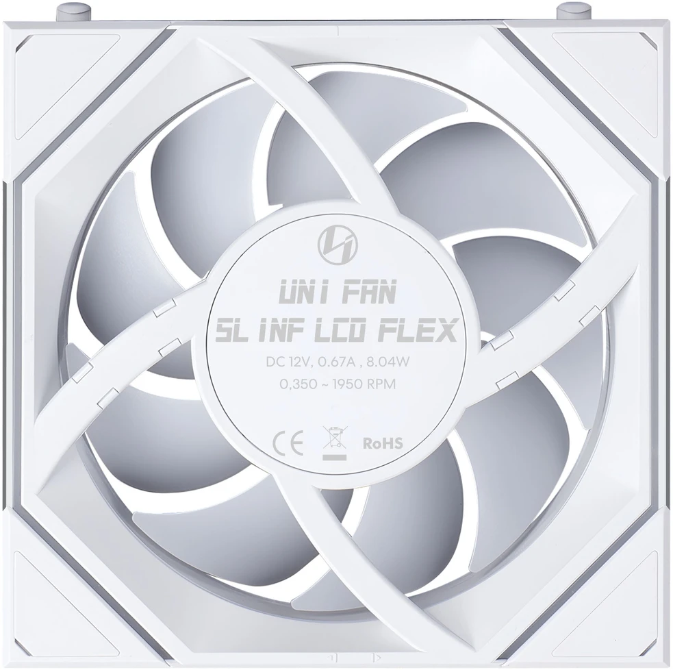 Lian Li UNI FAN SL-INF LCD FLEX belaidis ventiliatorius, ARGB ir LCD ekranų su atvirkštine mente, 120 mm, baltas, 3 vnt. pakuotėje su valdikliu