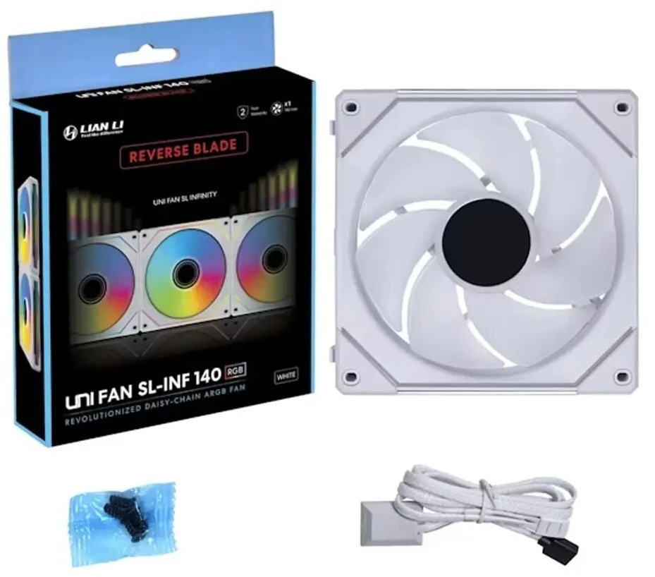 Lian Li UNI FAN SL-INF belaidis ventiliatorius, ARGB, PWM – atvirkštinės mentės, 140 mm, baltas