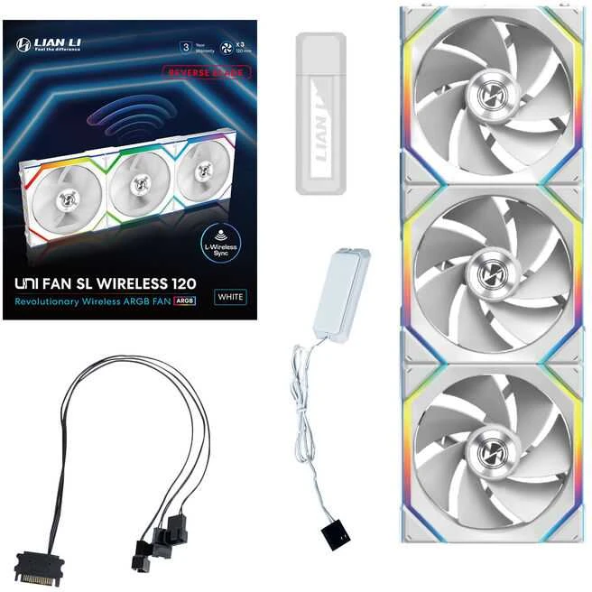 Lian Li UNI FAN SL Wireless ARGB PWM korpuso ventiliatorius, 3er-Pack su valdikliu- Reverse Blade, 120 mm, baltos spalvos