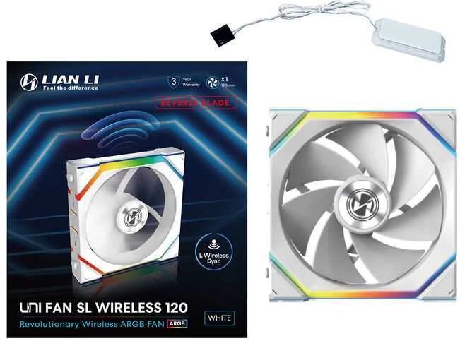 Lian Li UNI FAN SL Wireless ARGB PWM korpuso ventiliatorius – Reverse Blade, 120 mm, baltos spalvos