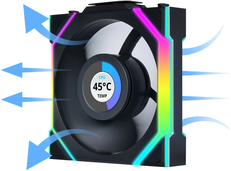 Lian Li UNI FAN SL Wireless LCD korpuso ventiliatorius, ARGB, PWM, 3er-Pack su valdikliu- Reverse Blade, 120 mm, juodos spalvos
