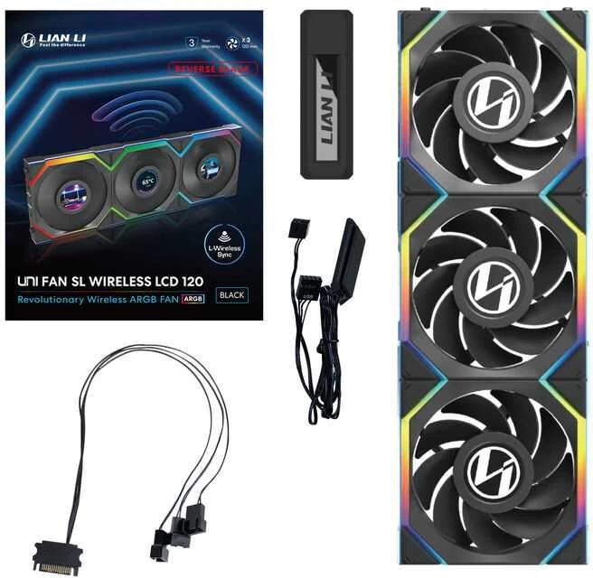 Lian Li UNI FAN SL Wireless LCD korpuso ventiliatorius, ARGB, PWM, 3er-Pack su valdikliu- Reverse Blade, 120 mm, juodos spalvos