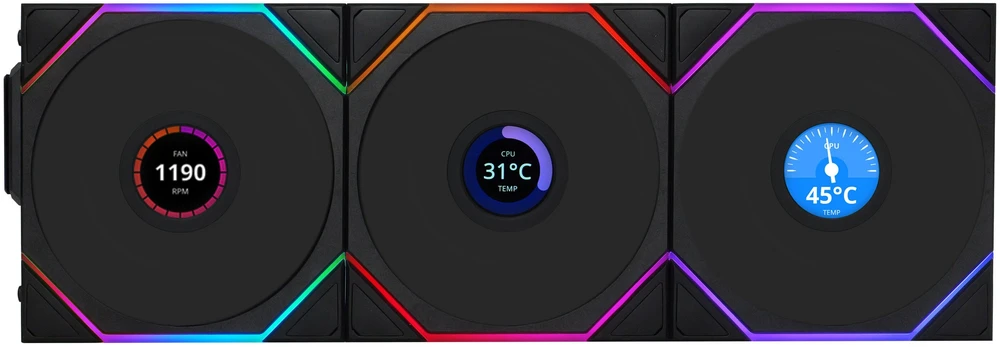Lian Li UNI FAN TL Wireless LCD korpuso ventiliatorius, ARGB, PWM, 3er-Pack su valdikliu- 120 mm, juodos spalvos