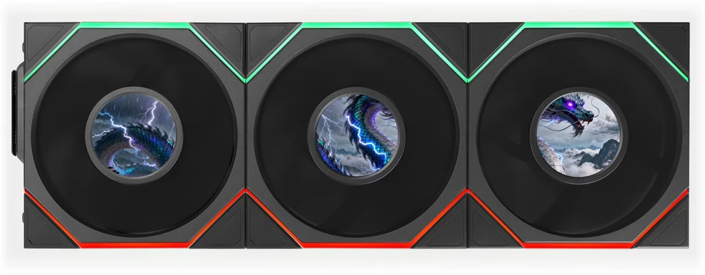 Lian Li UNI FAN TL LCD FLEX Wireless Lüfter, ARGB und LCD - Reverse Blade 120mm, juodas, 3er-Pack