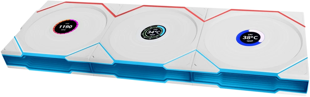 Lian Li UNI FAN TL Wireless LCD korpuso ventiliatorius, ARGB, PWM, 3er-Pack su valdikliu- Reverse Blade, 120 mm, baltos spalvos
