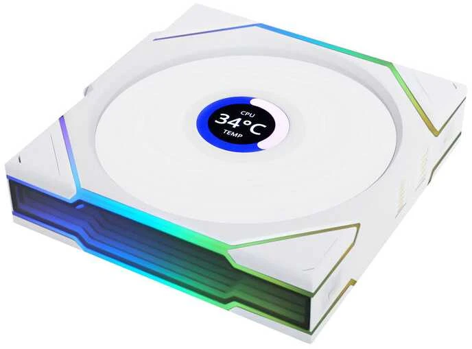 Lian Li UNI FAN TL Wireless LCD korpuso ventiliatorius, ARGB, PWM, 3er-Pack su valdikliu- Reverse Blade, 120 mm, baltos spalvos