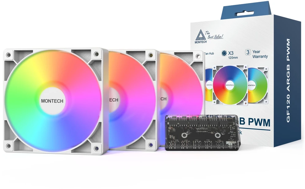 Montech GF120 PWM ARGB korpuso ventiliatorius, 3er Pack – 120mm, baltos spalvos