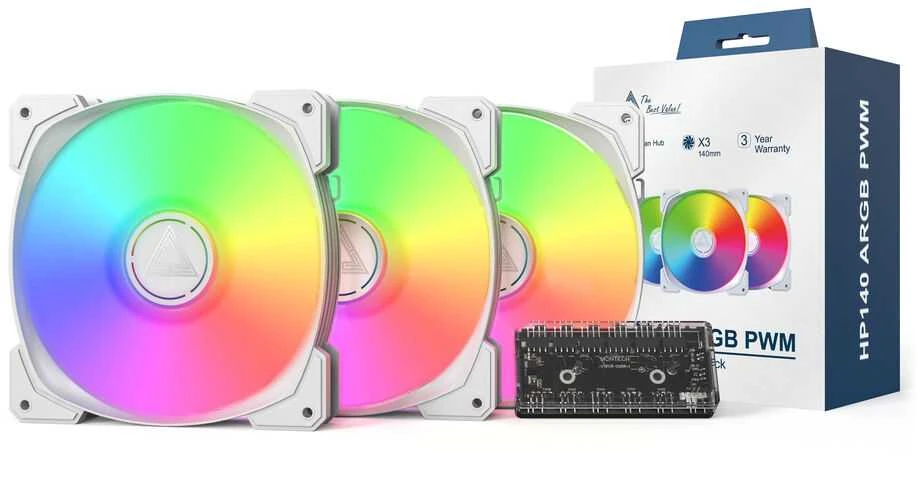 Montech HP140 PWM ARGB korpuso ventiliatorius, 3er Pack – 140mm, baltos spalvos