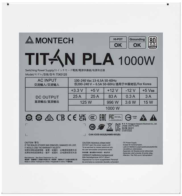 Montech Titan PLA 1000W – 80 PLUS & Cybenetics Platinum PSU, modular, PCIe 5.1 – 1000 Watt, baltos spalvos