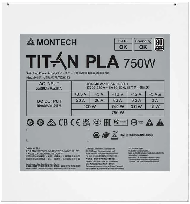 „Montech Titan PLA 750W“ – „80 PLUS“ ir „Cybenetics Platinum“, modulinis, PCIe 5.1 – 750 vatų, baltos spalvos