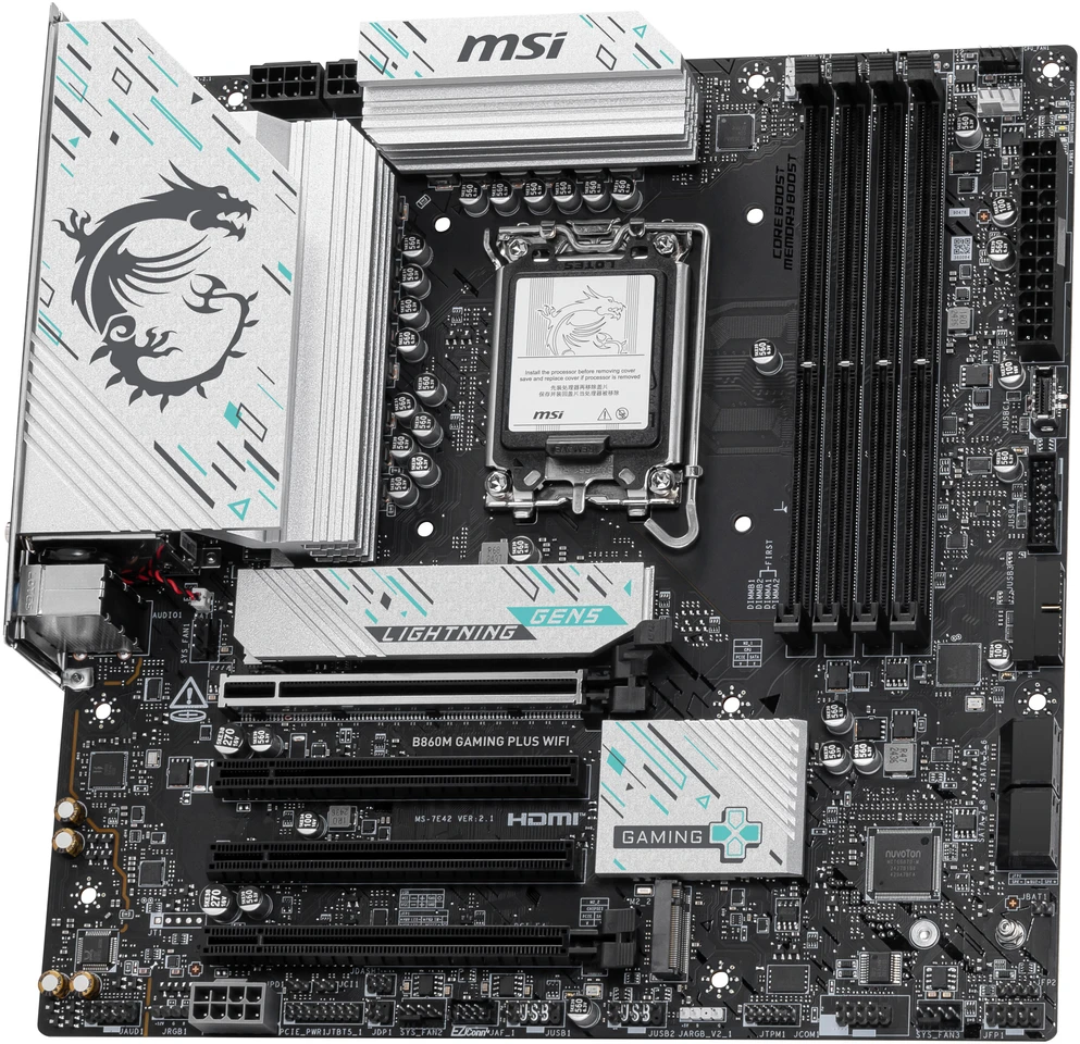 MSI B860M GAMING PLUS WIFI | Procesorių šeima Intel | Procesoriaus lizdas LGA1851 | DDR5 | Palaikomos standžiojo disko sąsajos SATA, M.2 | SATA jungčių skaičius 4