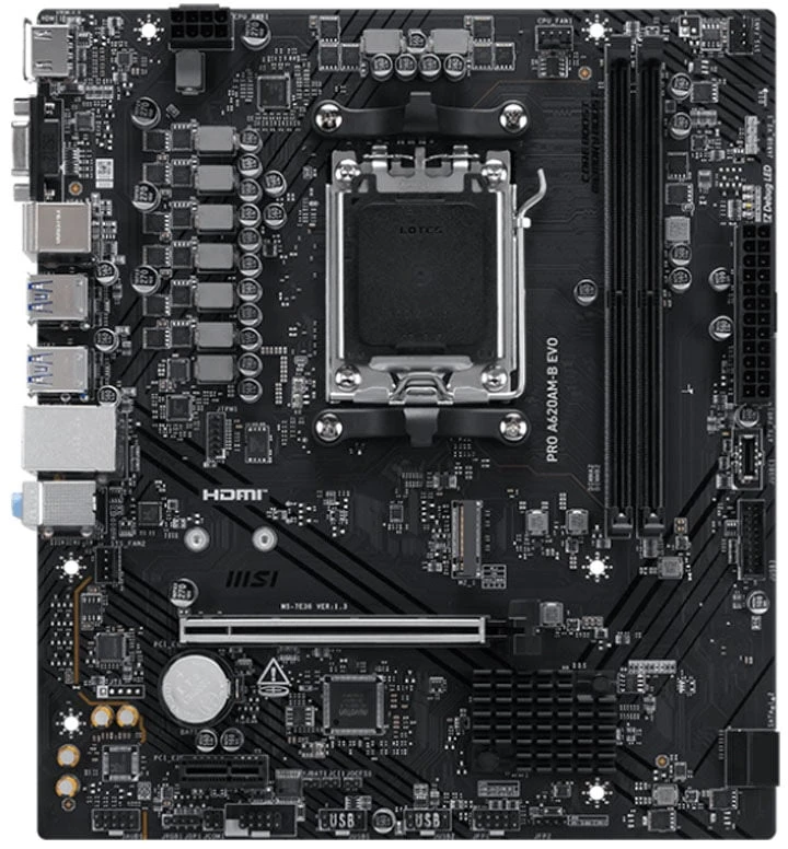 Pagrindinė plokštė MSI PRO A620AM-B EVO | Procesorių šeima AMD | Procesoriaus lizdas AM5 | DDR5 | Palaikomos standžiojo disko sąsajos SATA, M.2 | SATA jungčių skaičius 2