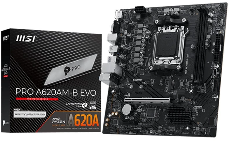 Pagrindinė plokštė MSI PRO A620AM-B EVO | Procesorių šeima AMD | Procesoriaus lizdas AM5 | DDR5 | Palaikomos standžiojo disko sąsajos SATA, M.2 | SATA jungčių skaičius 2