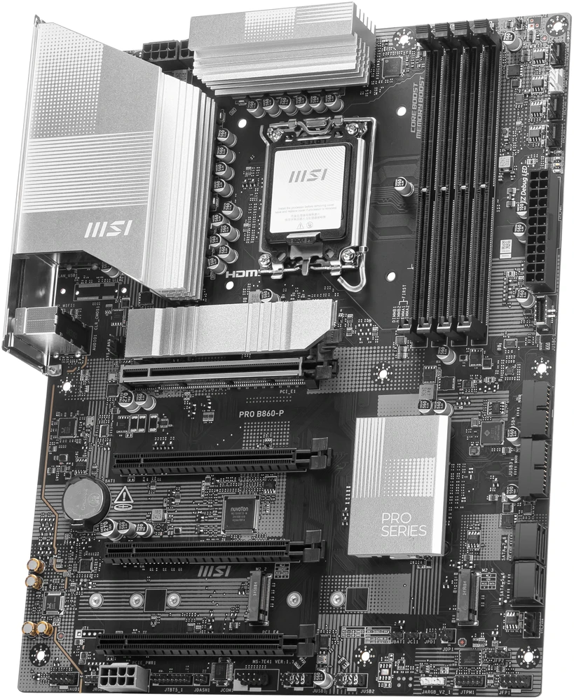 Pagrindinė plokštė MSI PRO B860-P | Procesorių šeima Intel | Procesoriaus lizdas LGA1851 | DDR5 | Palaikomos standžiojo disko sąsajos SATA, M.2 | SATA jungčių skaičius 4