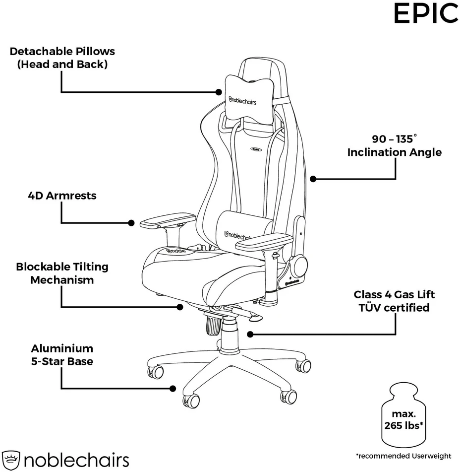 Žaidimų Kėdė noblechairs EPIC Baltas/Juodas PU Leather (Baltai Juoda PU Oda)