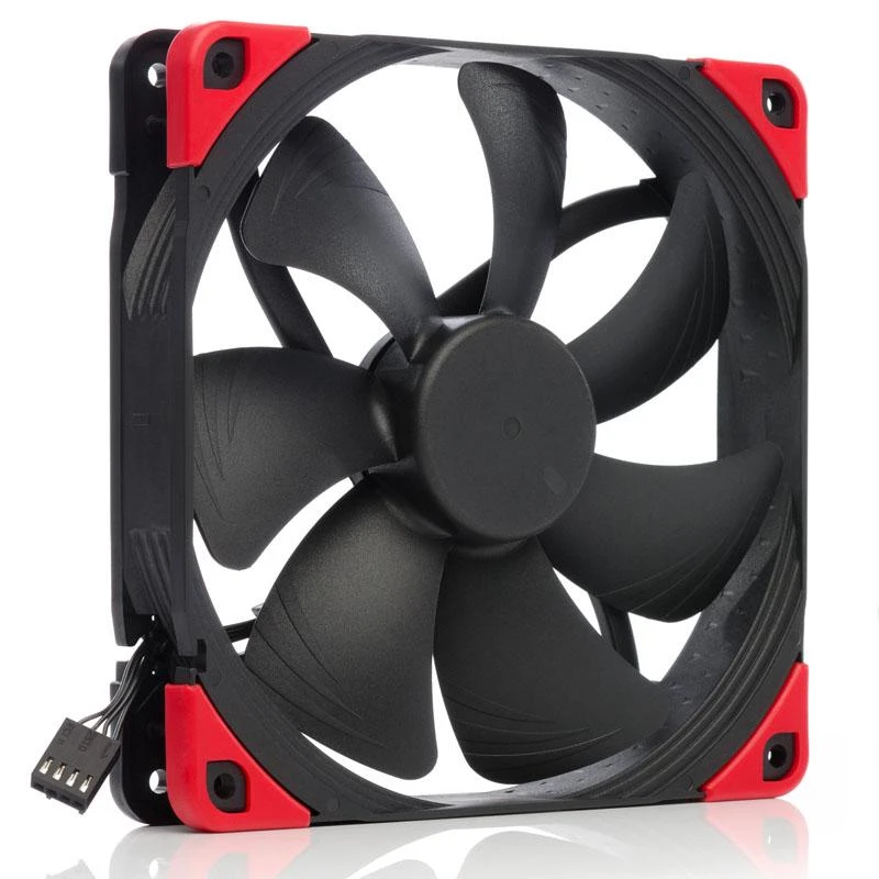 Noctua NF-A14 PWM juodas ventiliatorius su raudonais kampais