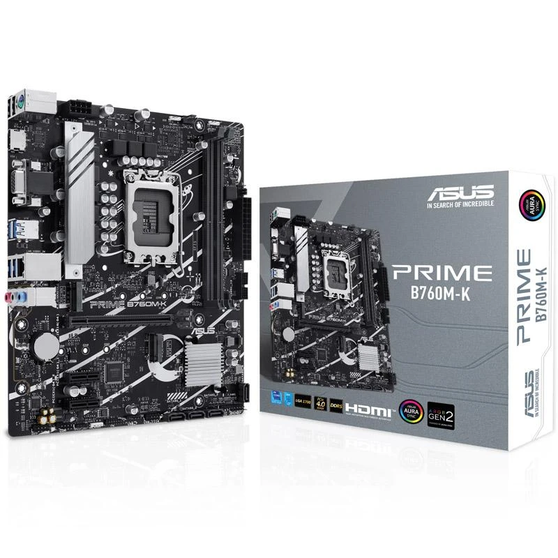 Pagrindinė plokštė „Asus PRIME B760M-K“ procesorių šeima „Intel“ procesoriaus lizdas LGA1700 DDR5 DIMM Atminties lizdai 2 Palaikomos standžiojo disko sąsajos SATA, M.2 SATA jungčių skaičius 4 Lustų rinkinys „Intel B760 mATX“
