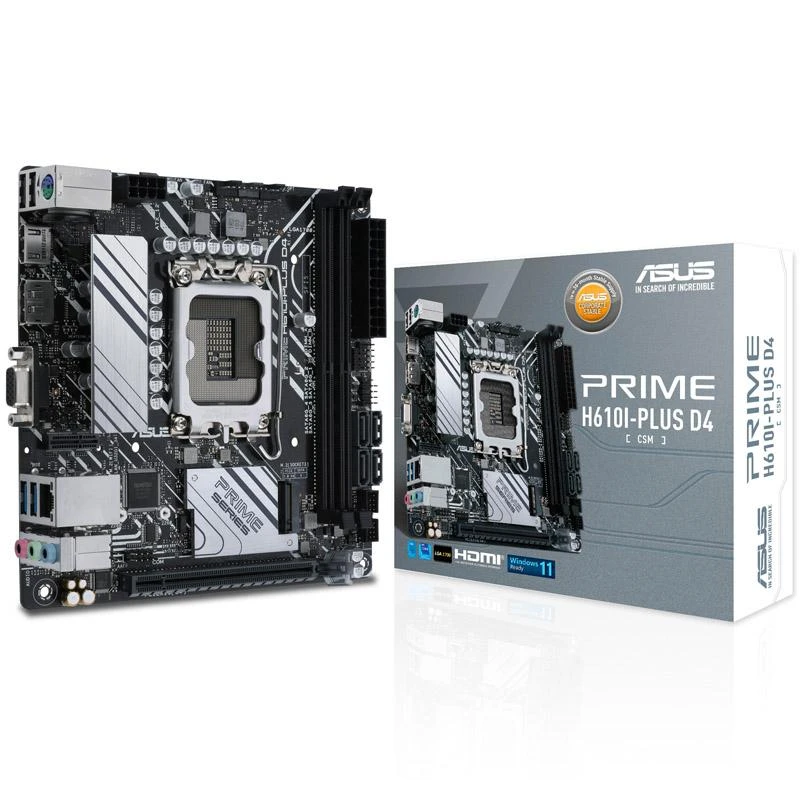 Pagrindinė plokštė Asus | PRIME H610I-PLUS D4-CSM | Procesorių šeima Intel | Procesoriaus lizdas LGA1700 | DDR4 DIMM | Atminties lizdai 2 | Palaikomos standžiojo disko sąsajos SATA, M.2 | SATA jungčių skaičius 4 | Mikroschemų rinkinys Intel H610 | Mini ITX
